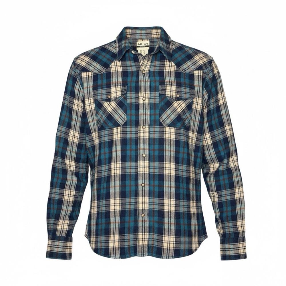 ARIAT Retro Fit Men XL Blue Plaid Pearl snap Casual Button Long sleeve Flannel